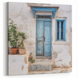 Weathered Blue Door Art - Greek Village Scene with Potted Plants
