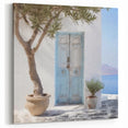 Light Blue Greek Door Art - Coastal Scene with Olive Tree and Sea View