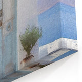 Light Blue Greek Door Art - Coastal Scene with Olive Tree and Sea View