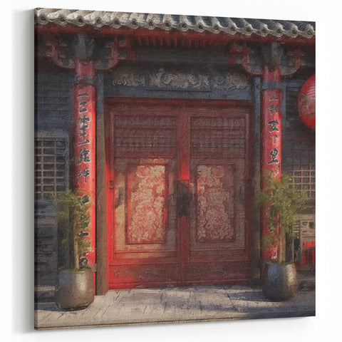 Fusuma Door Print - Japanese Red Door and Lanterns Wall Art