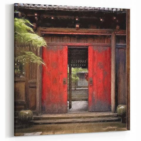 Japanese Temple Gate Art - Traditional Red Sliding Door Print