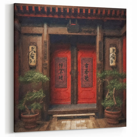 Japanese Red Door Art - Traditional Zen Temple Entrance Print