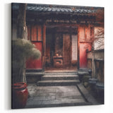 Japanese Courtyard Door Art - Rustic Red Sliding Door Print