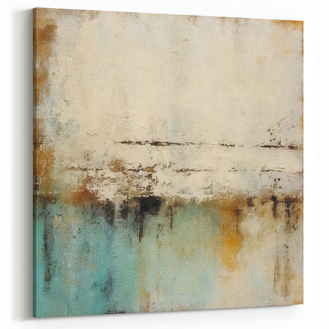 Minimalist Abstract Art - Cream, Teal, and Earthy Textured Canvas