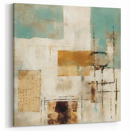 Abstract Line Art - Teal and Beige Geometric Canvas with Earthy Tones