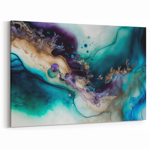Ethereal Underwater Abstract Art - Teal, Purple, and Beige Fluid Canvas