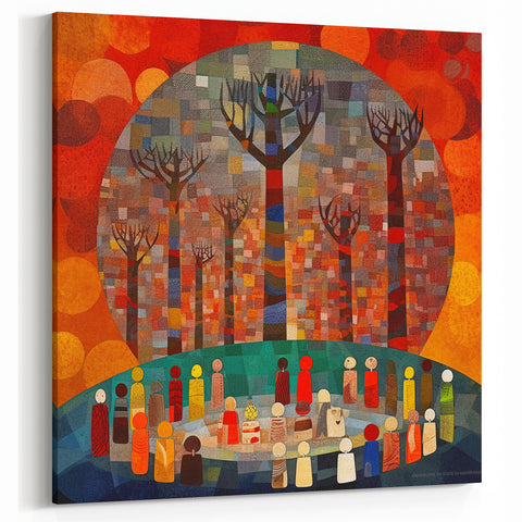 Abstract Autumnal Mosaic Art - Vibrant Trees and Figures Canvas Print