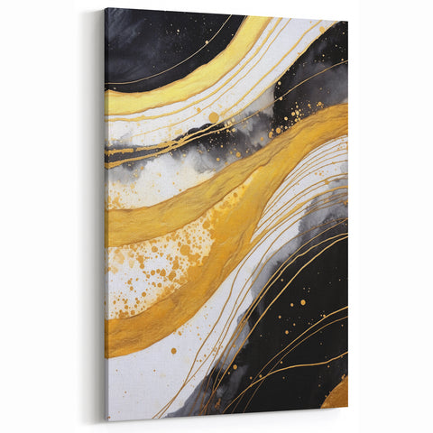 Black, White, and Gold Abstract Art - Elegant Fluid Ink Canvas Print