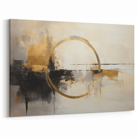 Modern Minimalist Abstract Art - Gold Circle with Black and Beige