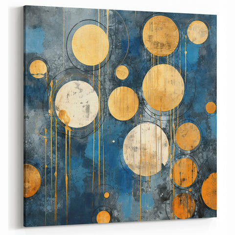 Blue and Gold Abstract Art - Circular Elements with Teal Accents