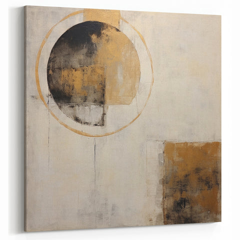 Textured Abstract Circle Art in Gold and Black - Modern Line Canvas
