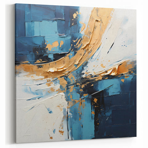 Dynamic Blue and Gold Abstract Strokes Art - Modern Textured Canvas