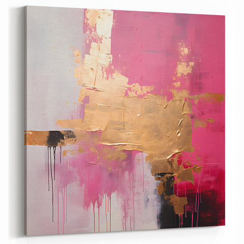 Vibrant Pink and Gold Abstract Art - Bold Brush Strokes Wall Décor