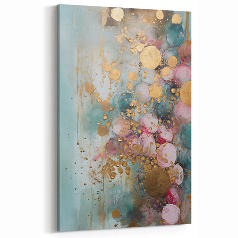 Whimsical Pastel Abstract Art - Pink, Teal, and Gold Accents Wall Décor