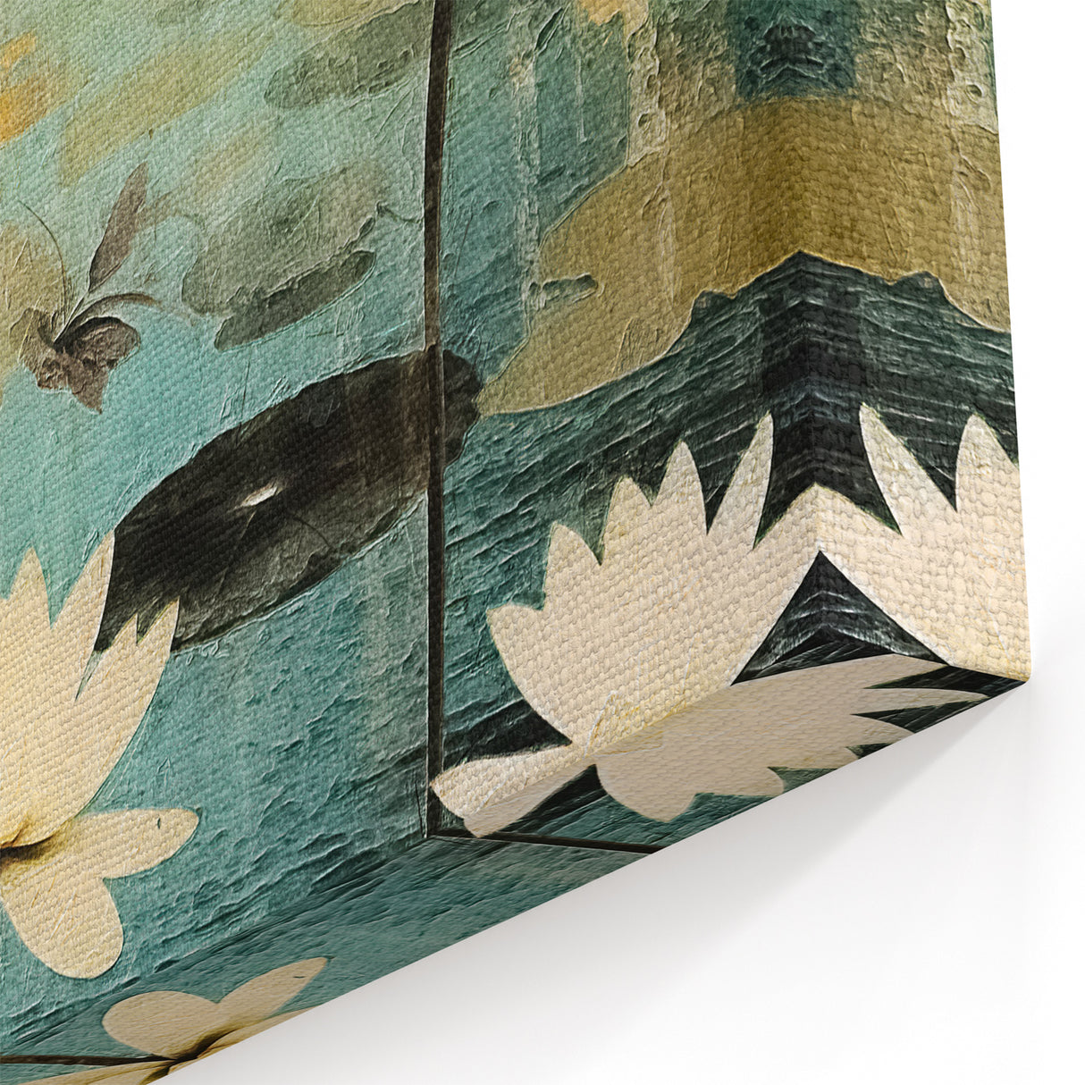 Floral Wall Art - Serene Lotus Pond in Blue and Gold Tones Canvas Print