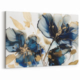Modern Floral Wall Decor - Deep Blue and Gold Flower Canvas Art Print