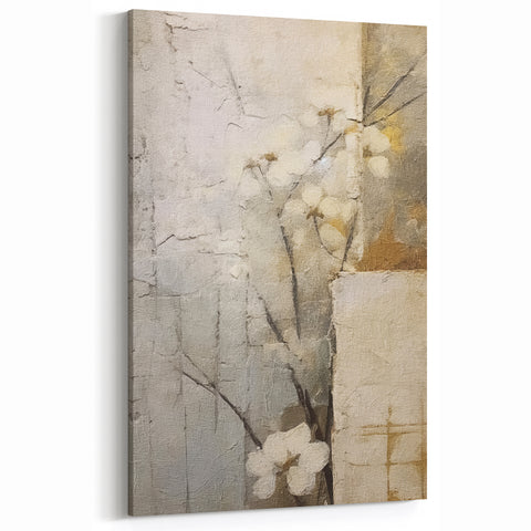 Floral Abstract Canvas Art - Soft Beige and Gray Minimalist Design