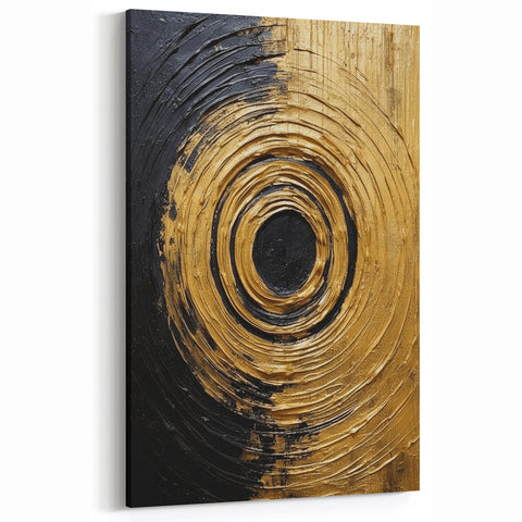 Abstract Brush Strokes - Black and Gold Circular Line Art Canvas