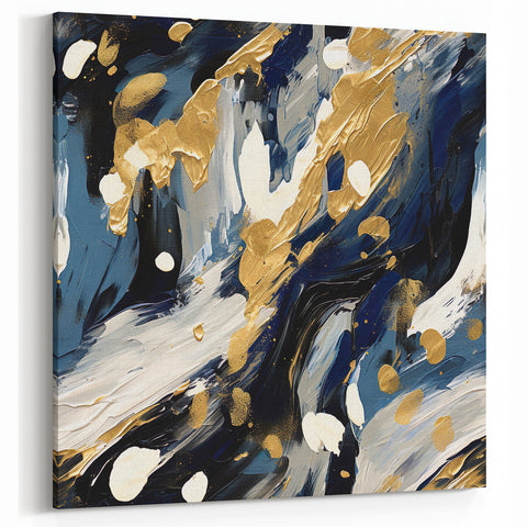 Abstract Brush Strokes - Navy Blue, White, and Gold Canvas Art