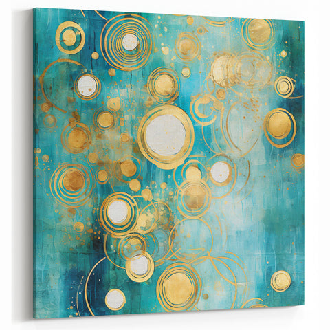 Circular Abstract Art - Teal, Gold, and White Geometric Canvas Design