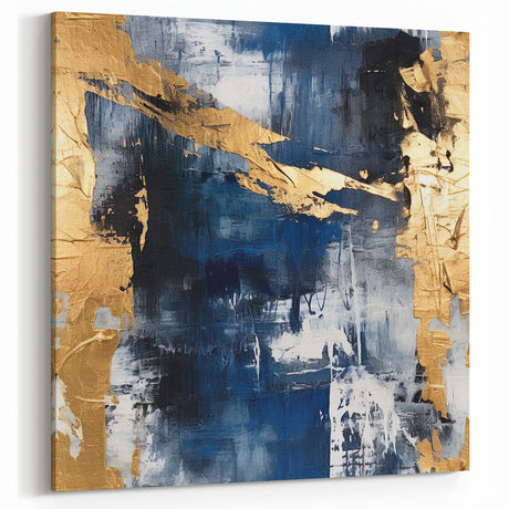 Abstract Brush Strokes - Navy Blue, Gold, and White Canvas Art