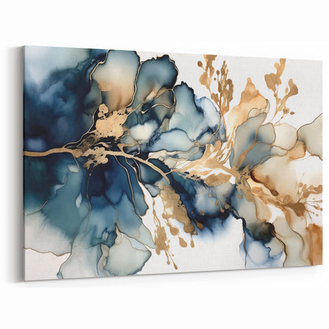 Abstract Floral Art - Modern Floral Wall Decor in Blue and Gold Tones