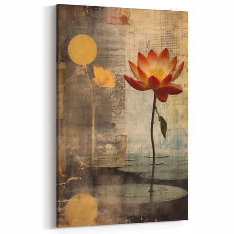 Abstract Botanical Prints - Rustic Lotus Flower Canvas in Warm Tones