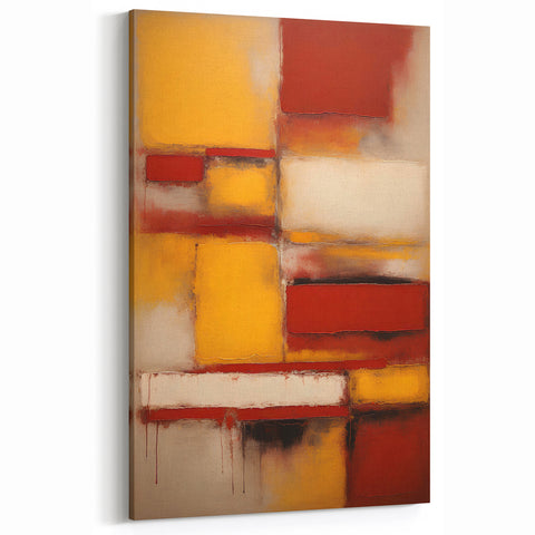 Red, Yellow, and Beige Abstract Line Art - Rustic Geometric Canvas
