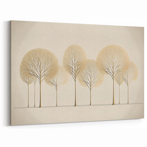 Abstract Floral Art - Minimalist Gold Tree Design on Beige Canvas