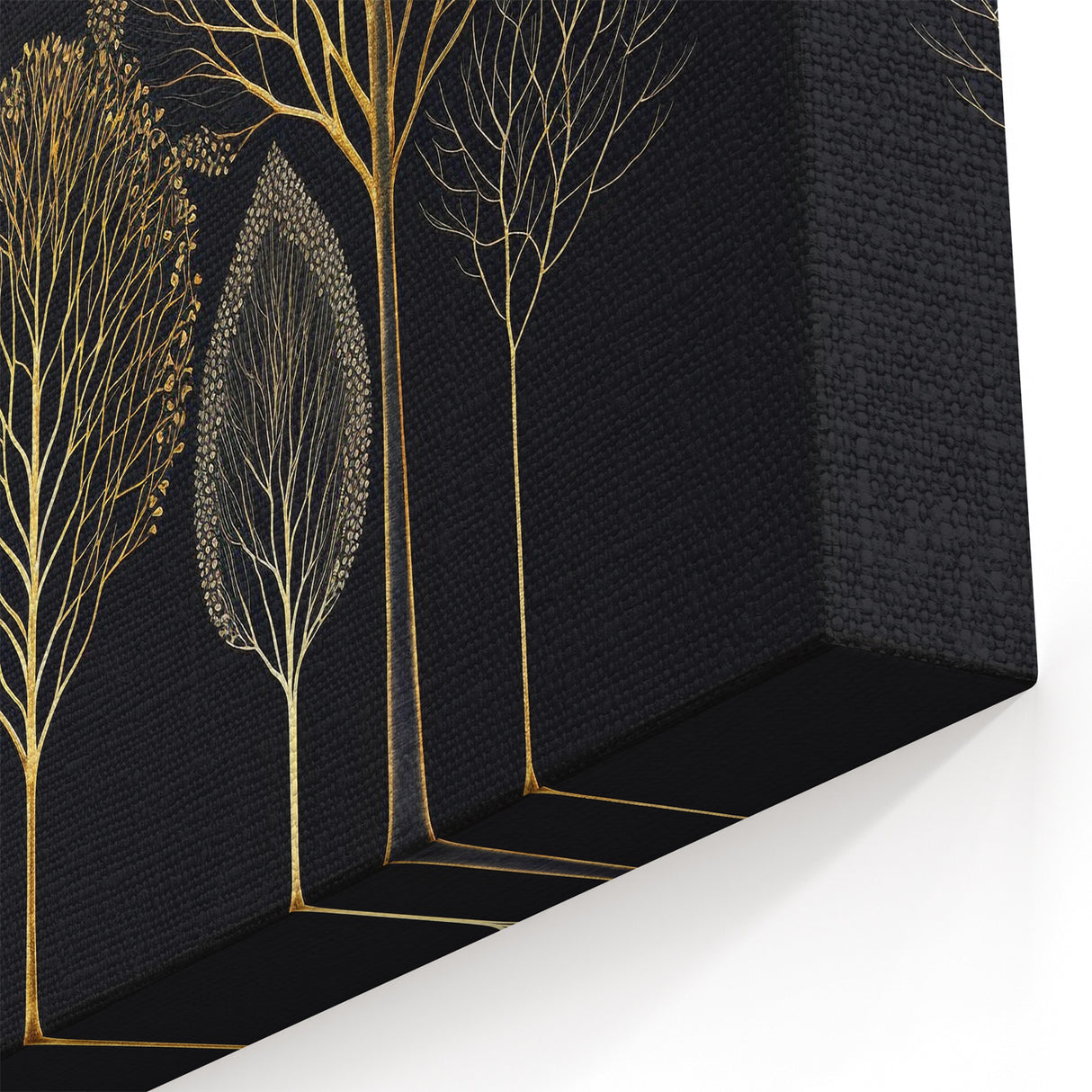 Modern Floral Abstract - Golden Tree Silhouettes on Black Canvas