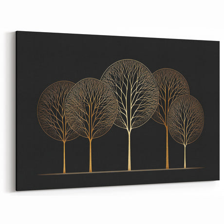 Abstract Botanical Prints - Golden Trees on Black Canvas