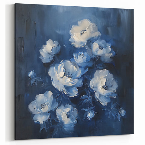 Abstract Botanical Prints - Midnight Blue Floral Canvas Art