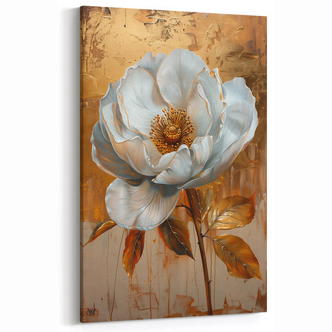 Abstract Floral Art - Modern White Flower on Gold Canvas