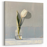 Modern Floral Abstract - White Tulip on Soft Gray Canvas