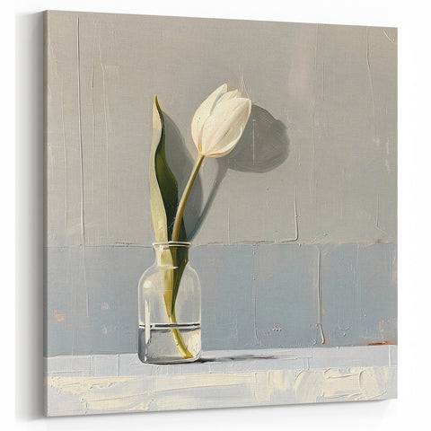 Modern Floral Abstract - White Tulip on Soft Gray Canvas