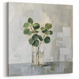 Contemporary Flower Prints - Green Leaves in Glass Vase on Gray