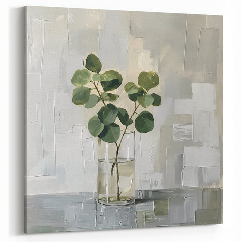 Contemporary Flower Prints - Green Leaves in Glass Vase on Gray