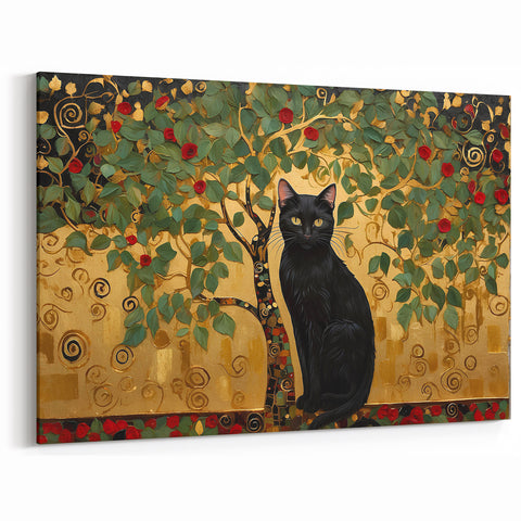 Modern Floral Wall Decor - Black Cat with Tree of Life in Gold