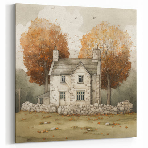 Cottage Fall Wall Art - Cozy Autumn Scene in Light Brown and Beige