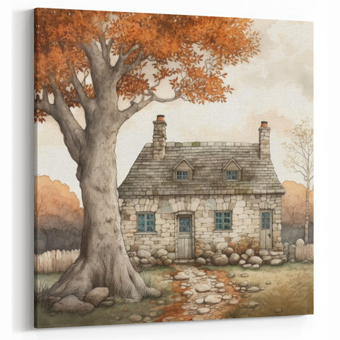 Cozy Stone Cottage - Fall Wall Art Rustic Autumn Seasonal Print