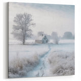 Winter Cottage Frosted Tree Wall Art - Snowy Path and Calm Landscape