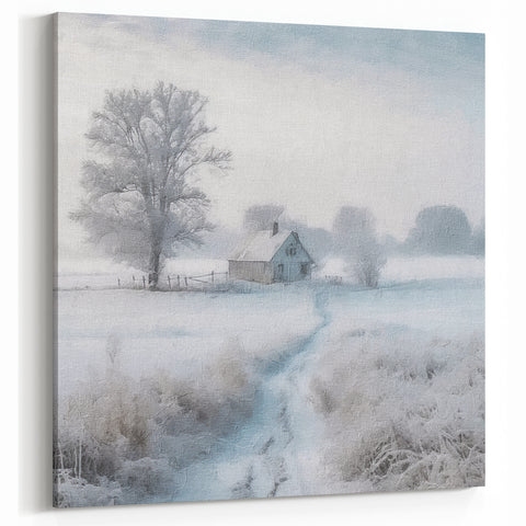 Winter Cottage Frosted Tree Wall Art - Snowy Path and Calm Landscape