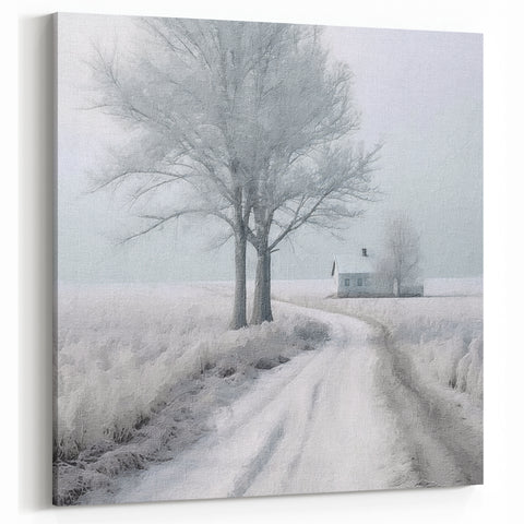 Serene Winter Path Snowy Landscape Print - Cottage and Trees Canvas
