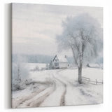 Winter Cottage Path Wall Art - Snowy Road with Frosted Tree Print