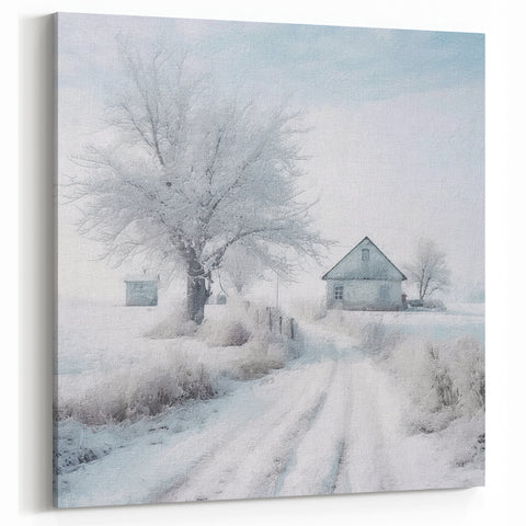 Winter Cottage Scene Wall Art - Snowy Path with Frosted Tree Canvas