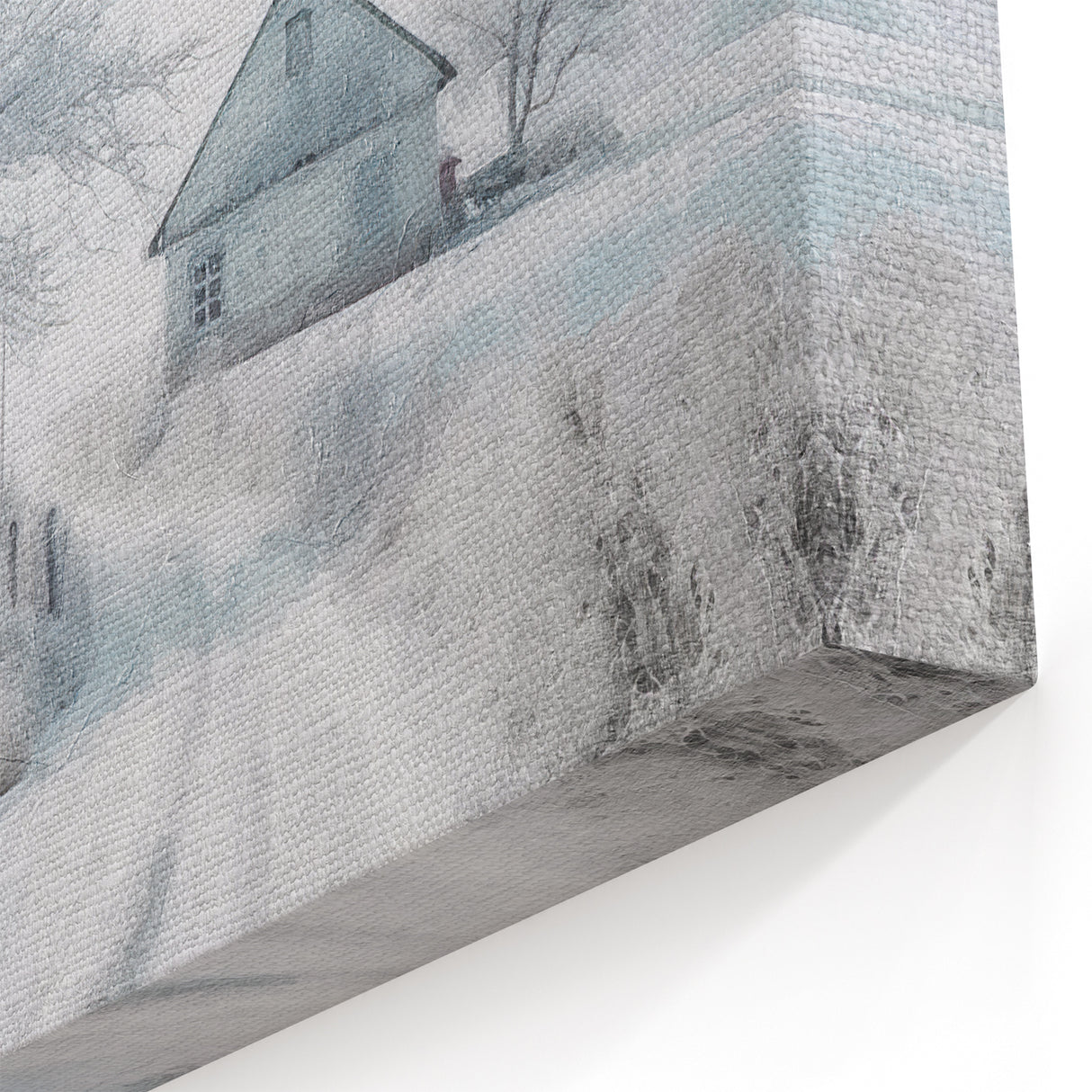 Winter Cottage Scene Wall Art - Snowy Path with Frosted Tree Canvas