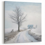 Serene Winter Road Wall Art - Snowy Path with Bare Tree Canvas