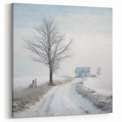 Serene Winter Road Wall Art - Snowy Path with Bare Tree Canvas