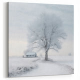 Frosted Tree Winter Wall Art - Serene Snowy Landscape with Cottage