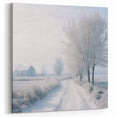 Winter Path Frosted Trees Wall Art - Snowy Road with Cottage Print